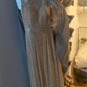 Sherri Hill Gold Beaded Prom Gown with Illusion Bodice